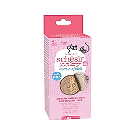 Schesir Tavuk Etli ve Somon Balıklı Ciğer İçin Yavru Kedi Konserve Maması (3 x 55 g)