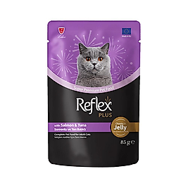 Reflex Plus Jöle İçinde Et Parçacıklı Somonlu ve Ton Balıklı Yetişkin Kedi Pouch Yaş Maması (85 g)