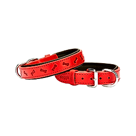 Doggie Konforlu Gerçek Deriden El Yapımı Kemik Desenli Köpek Boyun Tasması Kırmızı 3 x 42 - 50 cm