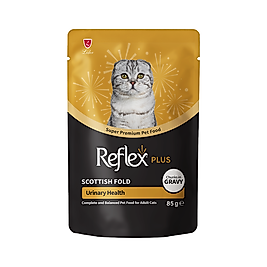 Reflex Plus Scottish Fold Sos İçinde Et Parçacıklı Üriner Sistem Sağlığı İçin Yetişkin Kedi Pouch Yaş Mama (85 g)