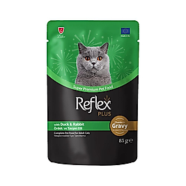 Reflex Plus Sos İçinde Et Parçacıklı Ördek Etli ve Tavşan Etli Yetişkin Kedi Pouch Yaş Maması (85 g)