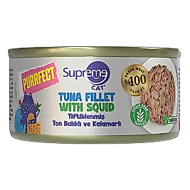 Supreme Cat Tiftiklenmiş Ton Balıklı ve Kalamarlı Yetişkin Konserve Kedi Maması 70gr